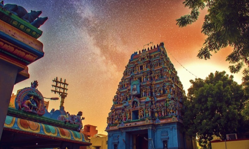 South Indian temple gopuram against an evening sky